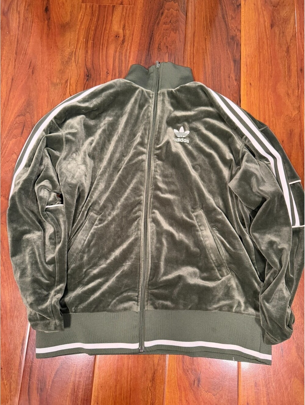Oversized Adidas Zip-up Velvet  Velour Track Jacket Olive Green SZ XS
